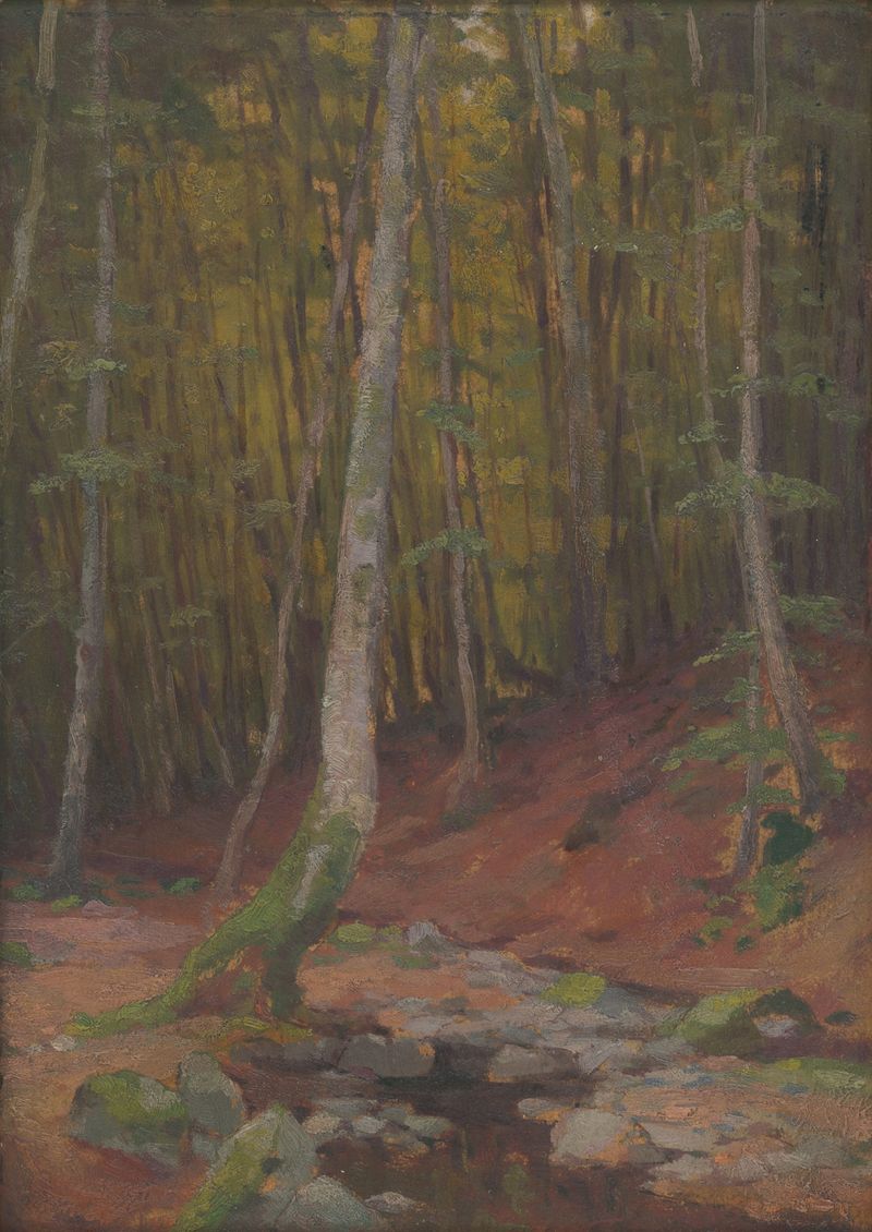 Forest de Ľudovít Čordák, uma paisagem impressionista com folhagem exuberante e luz filtrada.