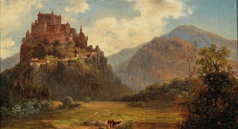 Landscape oil painting by Adolf Obermüllner featuring Burg Hochosterwitz and rolling hills.