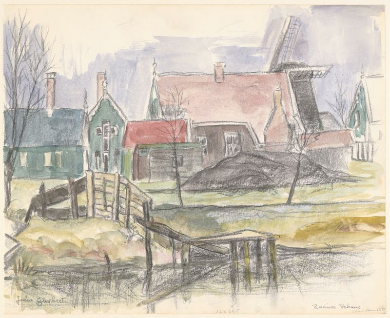 Landscape featuring houses and a windmill by Julia Giesberts, oil painting