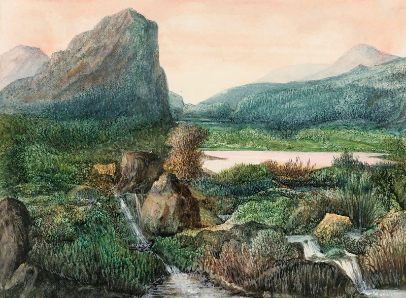 A Mountainous Landscape with a Lake and Waterfalls de George Sand, que muestra un lago tranquilo y majestuosas montañas.