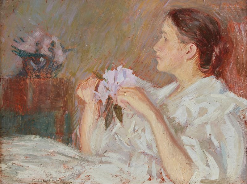 Portrait of a woman in a white dress holding lilacs, oil painting by Philip Leslie Hale