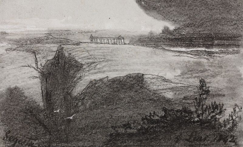 Aquarela de Edward Lear retratando ruínas antigas e um templo na luz dourada