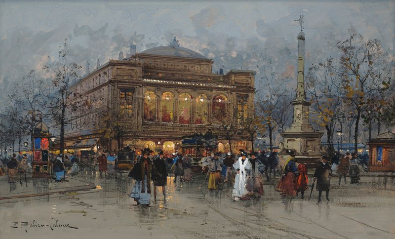 Oil on canvas by Eugène Galien-Laloue depicting the Théâtre du Châtelet in Paris.