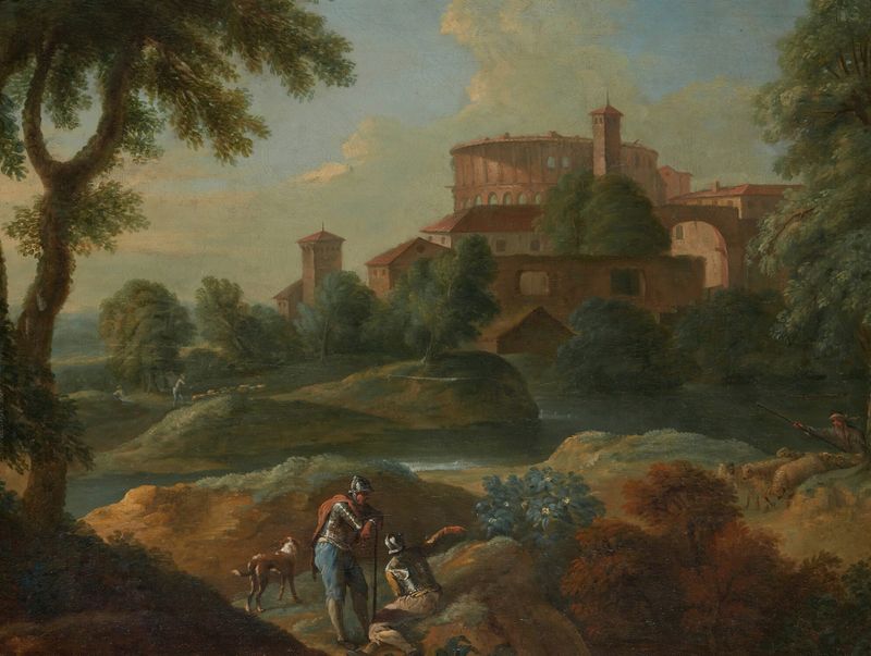 Paisagem com soldados e cães perto de um rio, óleo sobre tela de Marcantonio Sardi