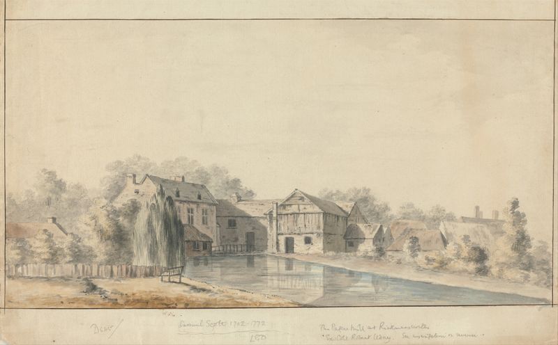 El Molino de Papel en Rickmansworth, óleo sobre lienzo de Robert Udney, que representa un molino, río y árboles.
