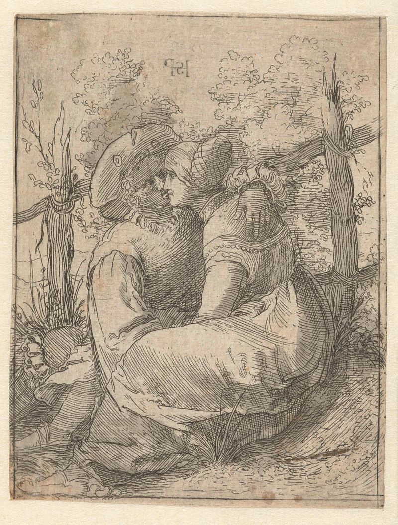 Pareja sentada junto a una puerta en un grabado de Unknown Artist