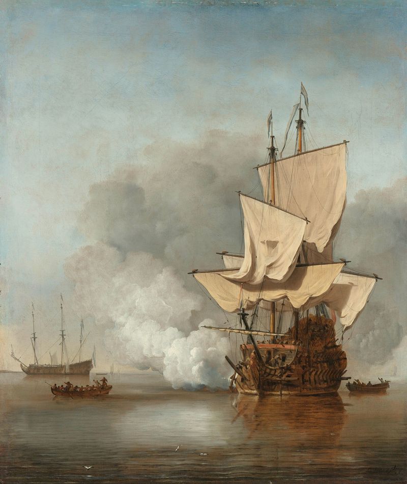 Escena naval con un barco en aguas turbulentas, pintura al óleo de Willem van de Velde el Joven