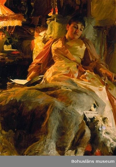 Retrato de Madame Rickhoff com um cachorro e um livro, pintura a óleo de Anders Zorn