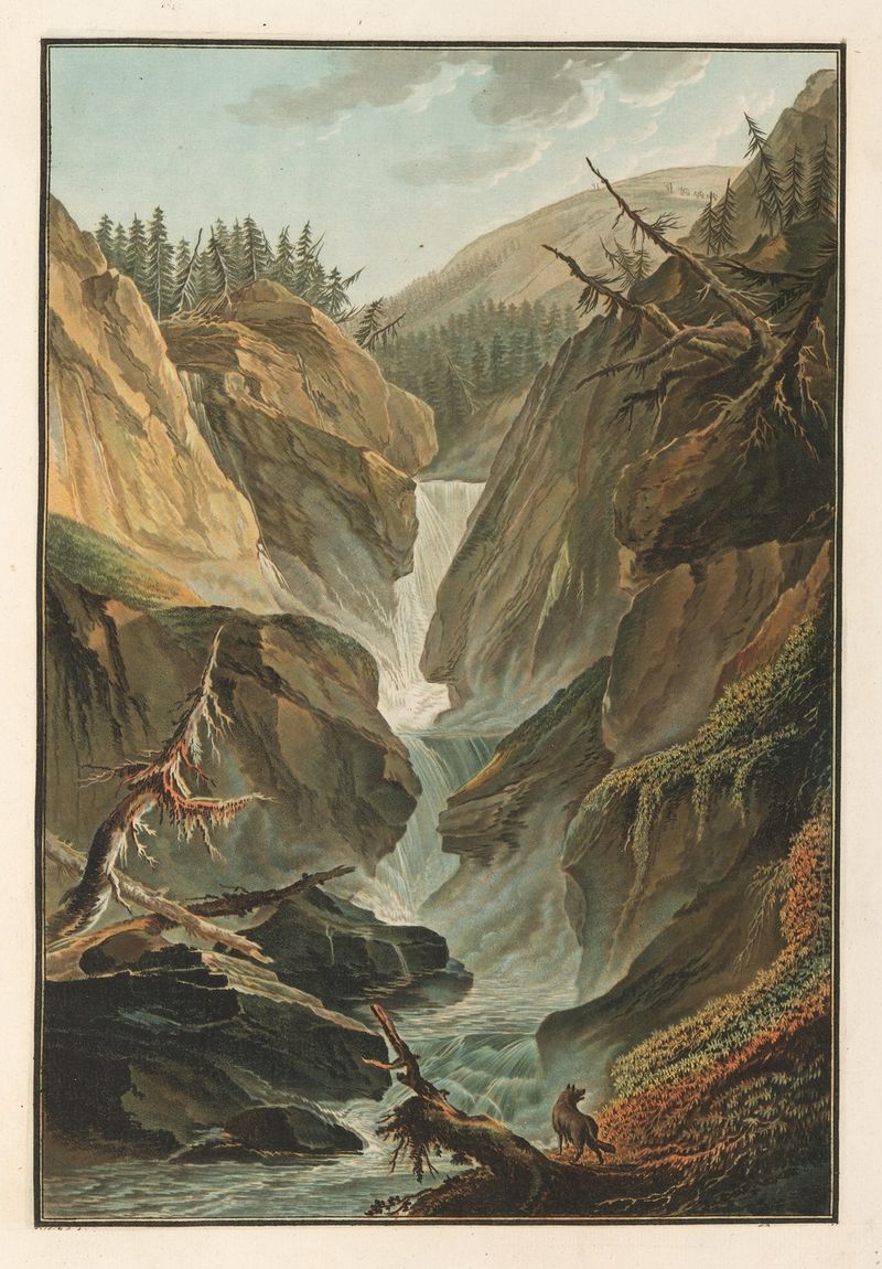 Paisagem de Chute de l’Aar au dessus de Gutdannen, óleo sobre tela de Caspar Wolf