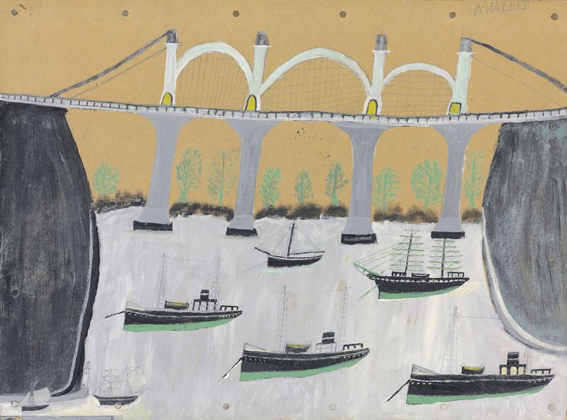 Saltash Bridge de Alfred Wallis, pintura al óleo que representa un puente que cruza un río.