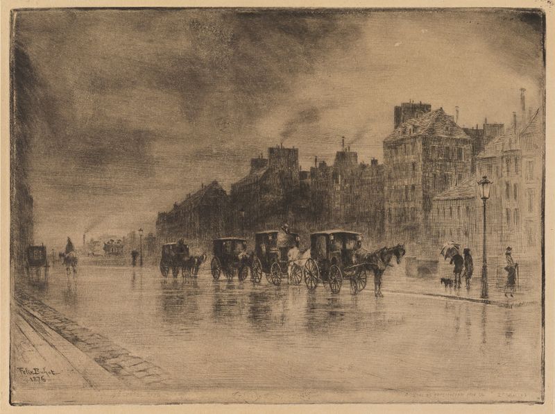 Etching by Félix Hilaire Buhot depicting winter landscape with figures near the Charity Hospital.