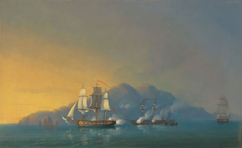The 18-gun sloop HMS Stork engaging ships, oil on canvas by John Christian Schetky
