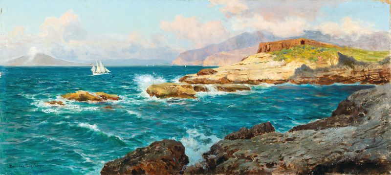 Sailing Ship by the Capri Coast, óleo de Bernardo Hay