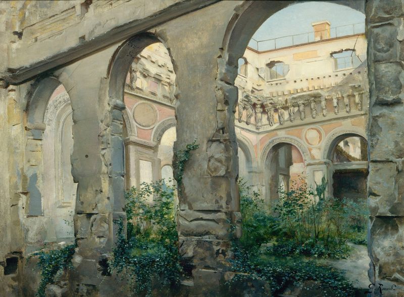 ink on paper by Georges Rouard depicting ruins and arches