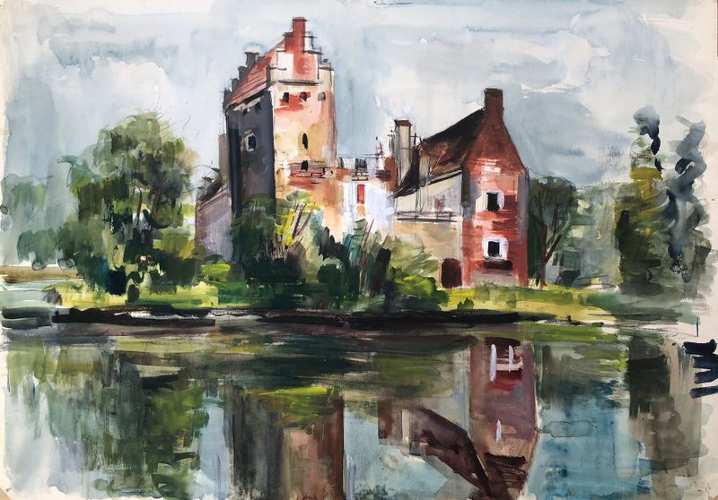 Wasserschloss en Reichertshausen de Otto Geigenberger, óleo de un castillo bajo un cielo tormentoso.