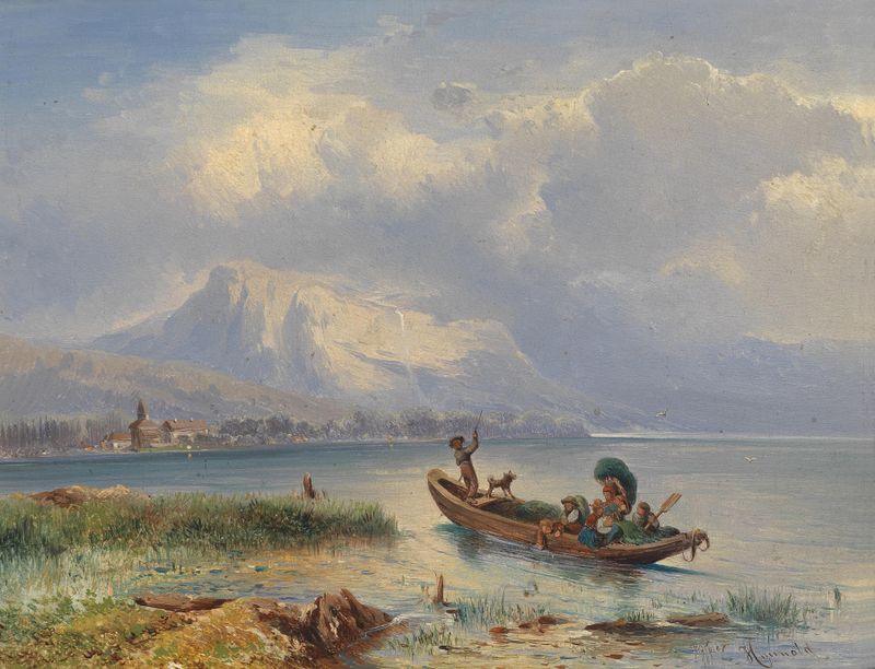Genre scene depicting farmers in golden light, oil on canvas by Carl Franz Emanuel Haunold