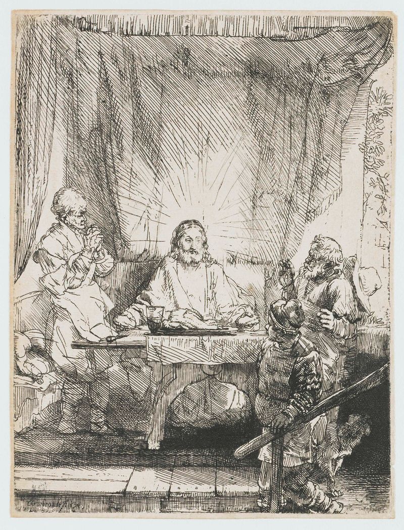 Gravura de Rembrandt van Rijn representando Cristo com discípulos à mesa.