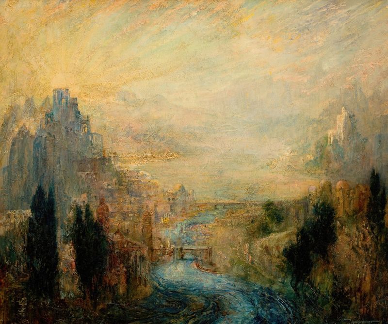 Symbolist Landscape by Pinckney Marcius-Simons, oil painting depicting a dreamlike landscape with vibrant colors.