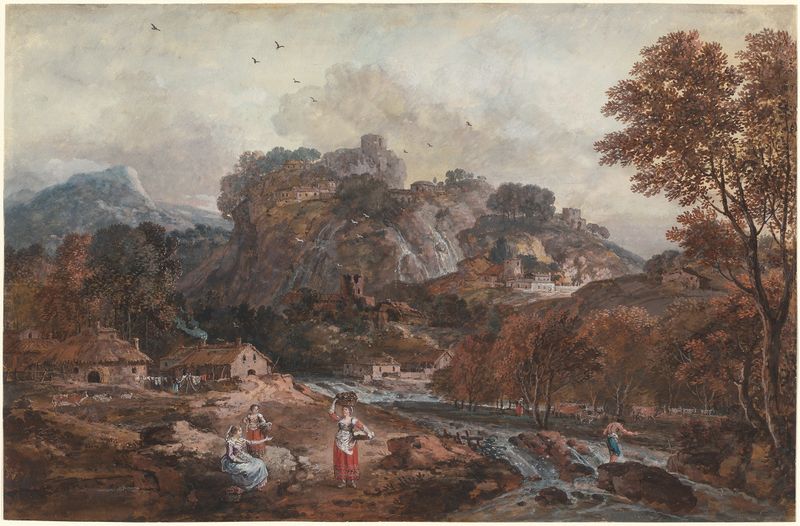 Mountain landscape with washerwomen and a fisherman, oil on canvas by Francesco Zuccarelli