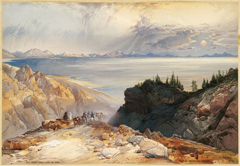 The Great Salt Lake of Utah de Thomas Moran, óleo sobre tela, retratando um lago e montanhas sob nuvens dramáticas.