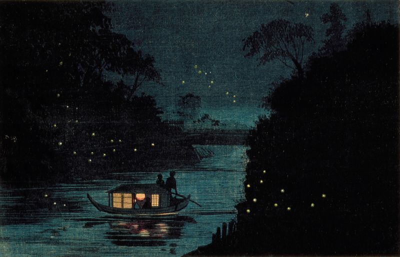 Woodblock print by Kobayashi Kiyochika depicting fireflies in a night landscape