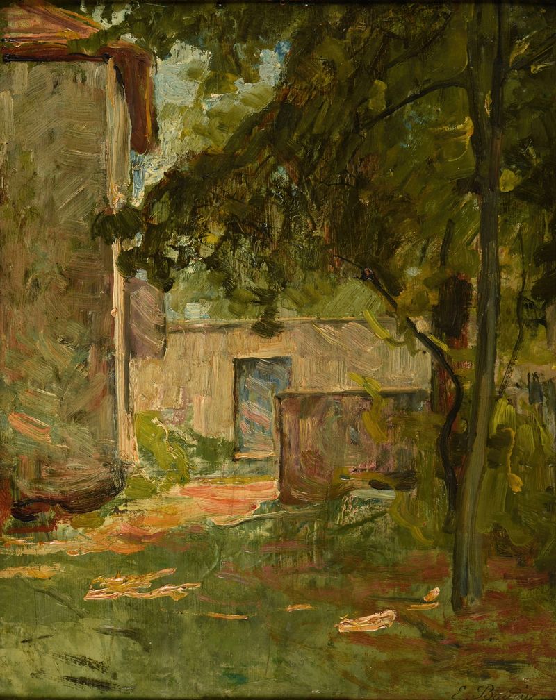 Pintura al óleo de paisaje de Eugène Baudin que muestra una granja en un entorno rural verde