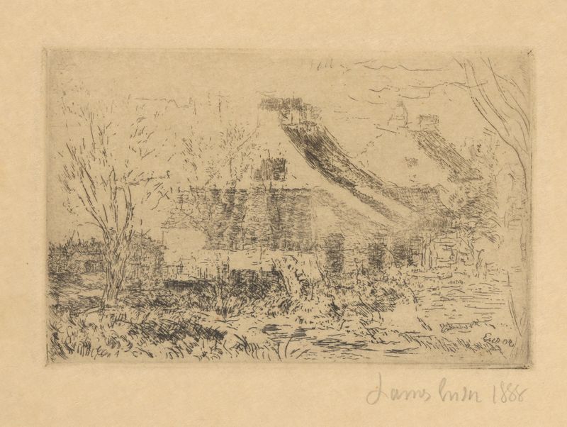 Huisjes in Mariakerke by James Ensor, oil painting of colorful houses and muted earth.