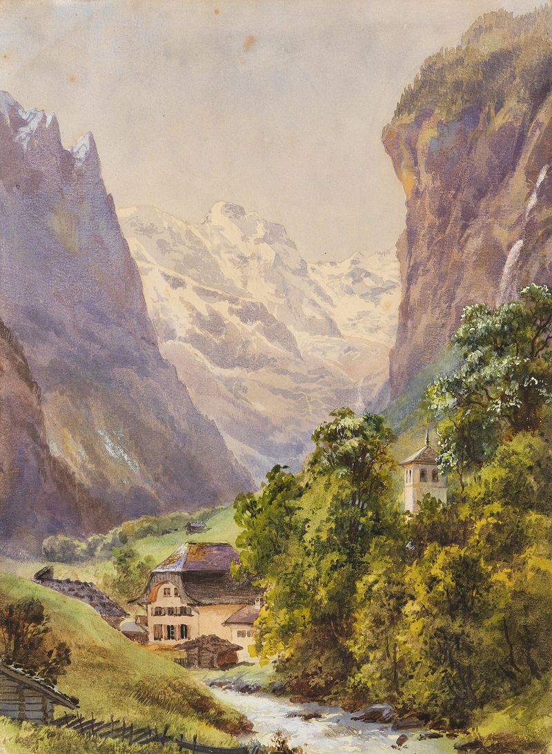 Paisaje de Lauterbrunnen de Edward Theodore Compton, con una cascada y montañas en una pintura al óleo.
