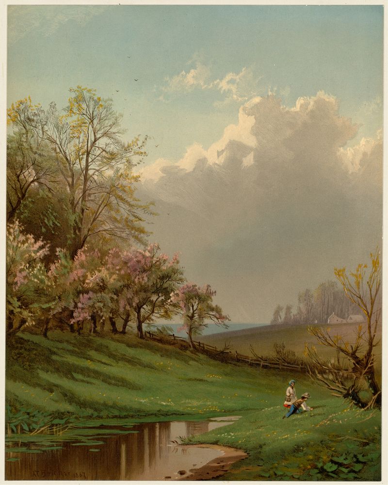 Paisaje con flores de primavera y un cielo luminoso, óleo de Alfred Thompson Bricher