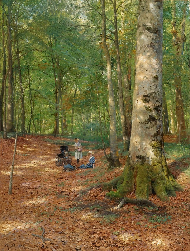 The Woodland Glade, oil on canvas by Peder Mørk Mønsted, depicting a serene forest glade with dappled sunlight.
