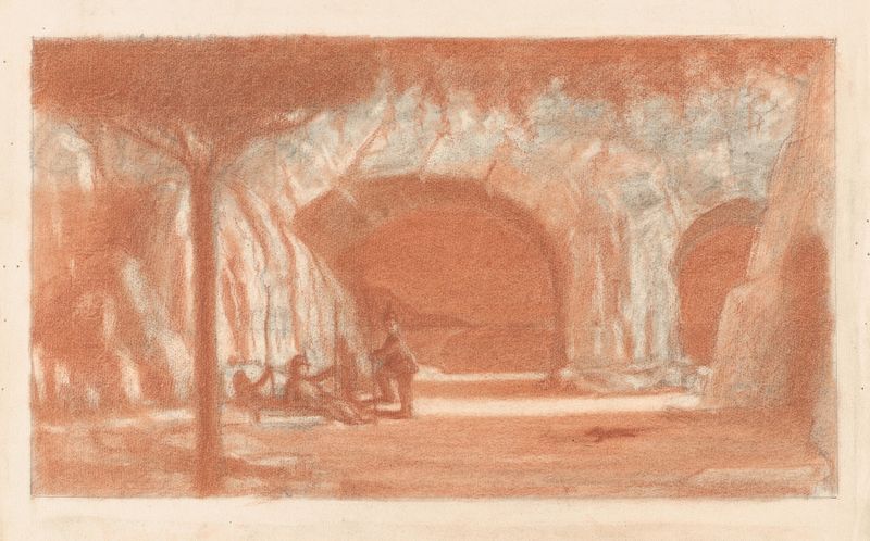 Figures resting in a cave, oil on canvas by Herbert Crowley