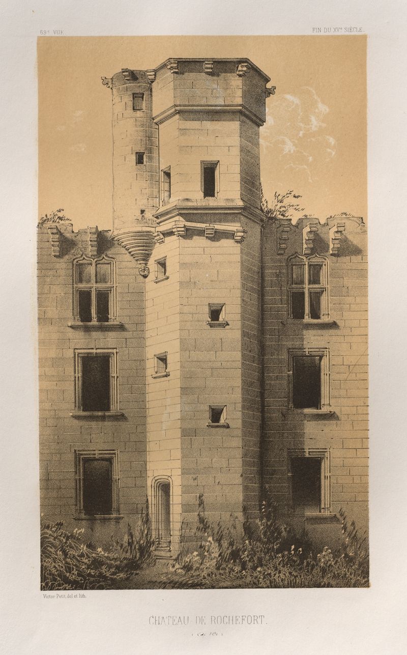 Château de Rochefort de Victor Petit, pintura a óleo que retrata um château entre nuvens e vegetação