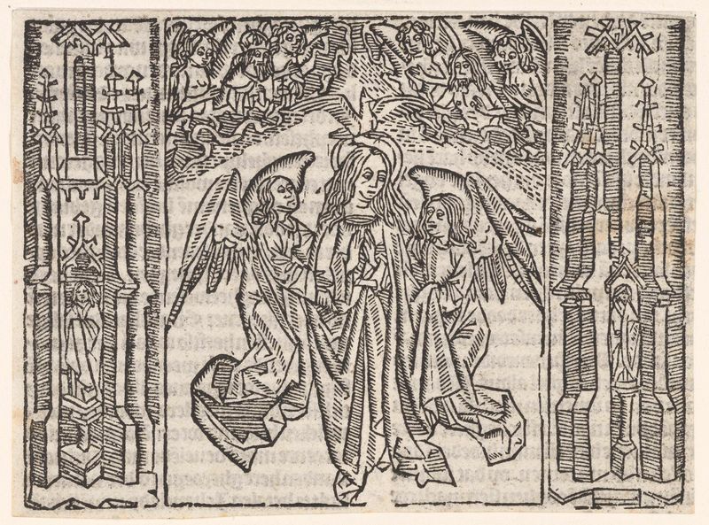 De hemelvaart van Maria de Master of Delft, medio papel, que representa a la Virgen María con figuras divinas.