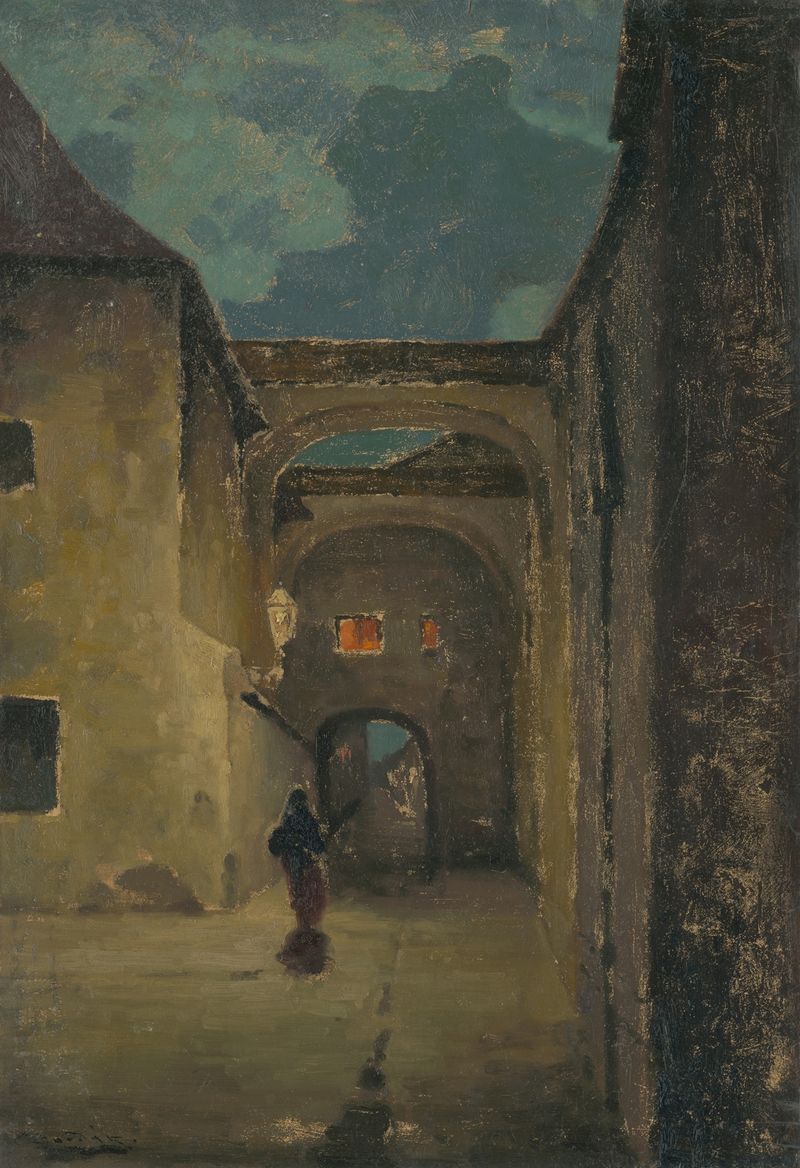 Alley in the Evening, óleo sobre lienzo de Ľudovít Čordák, que representa un paisaje crepuscular con adoquines y sombras.
