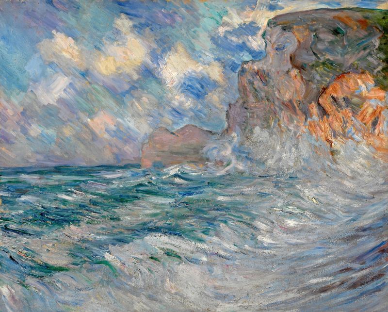 Cliffs at Etretat by Lilla Cabot Perry, oil on canvas depicting white cliffs and sea at dusk