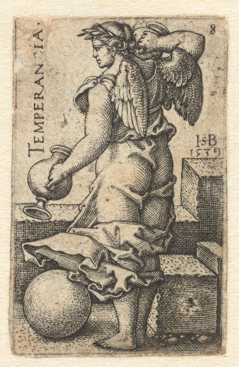 Grabado de Hans Sebald Beham que representa una figura serena simbolizando la templanza.