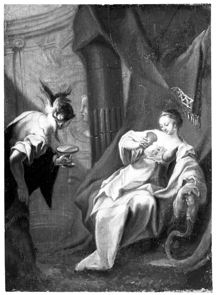 Cleopatra Drinking the Pearl, óleo sobre tela de um artista não identificado