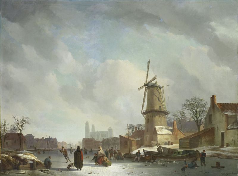 Frolicking on a Frozen Canal in a Town, oil on canvas by Abraham Johannes Couwenberg