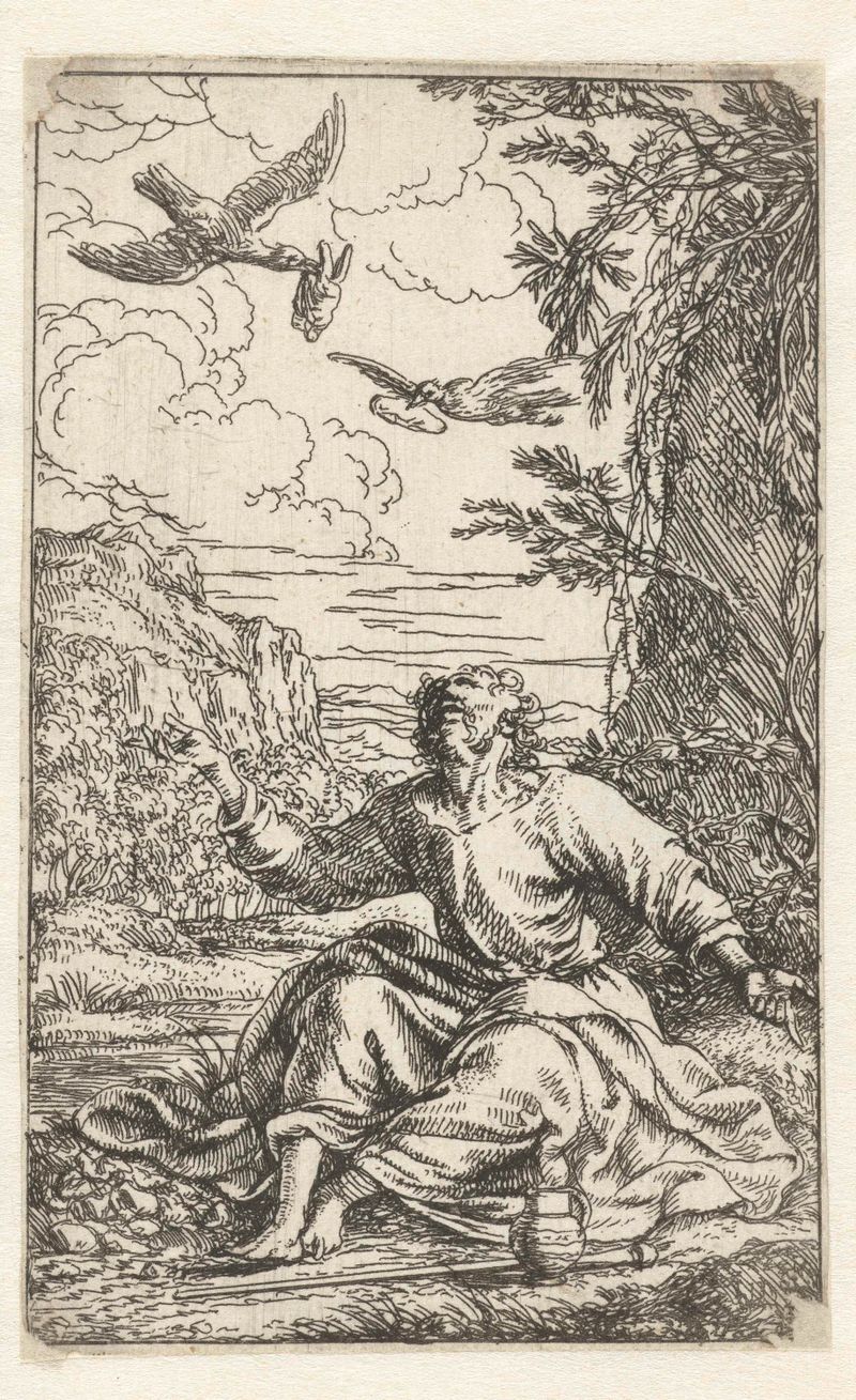 Elia wordt in de woestijn door raven gevoed, etching by Jonas Umbach, depicting a figure in a desert with ravens.