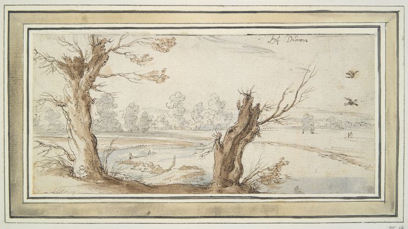 Gravura Willows on the River Rur de Wenceslaus Hollar representando uma paisagem tranquila