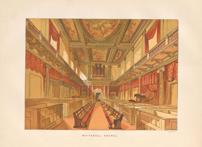 Interior de Whitehall Chapel de Charles Knight, con vitrales y detalles arquitectónicos.