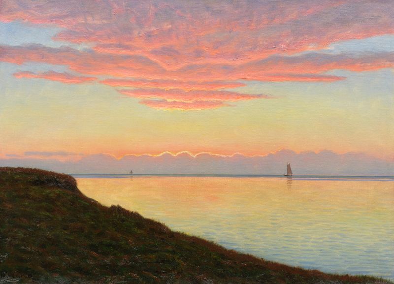 Küstenlandschaft im Abendrot de Albert Edvard Wang, óleo sobre lienzo que representa un paisaje al atardecer.