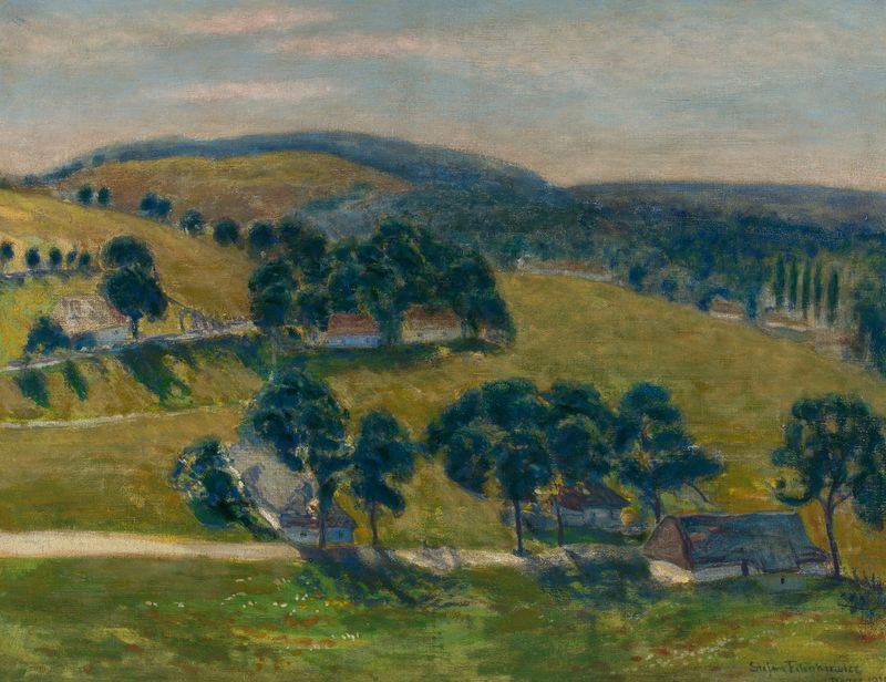 Landscape from Tyniec by Stefan Filipkiewicz, oil on canvas depicting a river and forest reflection