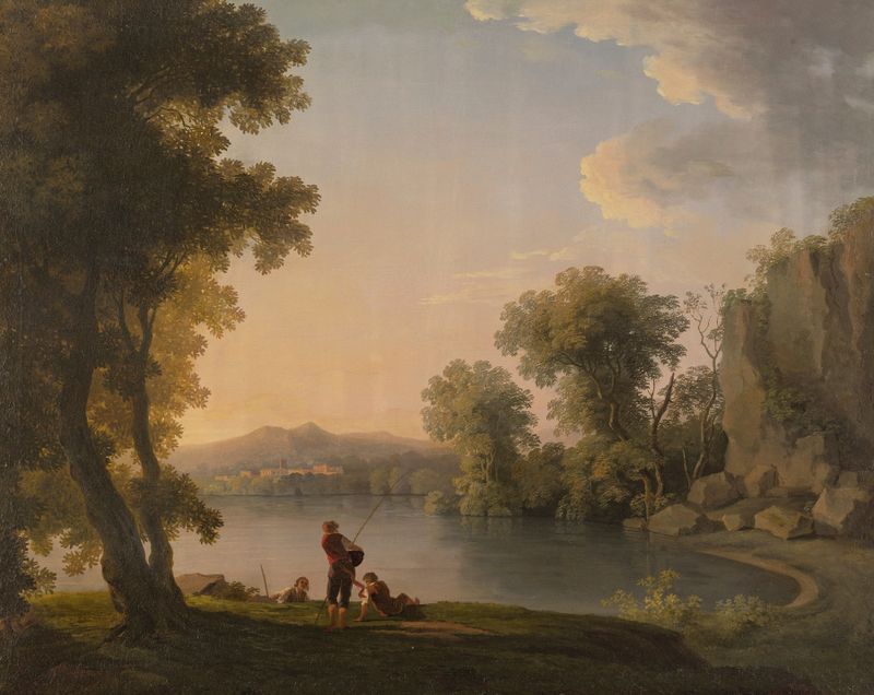 Três pescadores descansando ao lado de um lago, pintura a óleo de um seguidor de William Ashford
