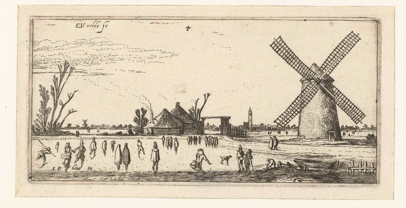 Schaatsers op het ijs bij een molen perto de Penningsveer, gravura de Esaias van de Velde