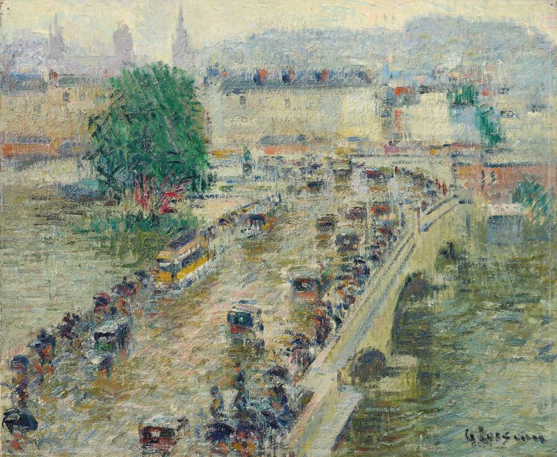 Le pont Corneille à Rouen de Gustave Loiseau, óleo sobre tela representando uma ponte e um céu em espiral