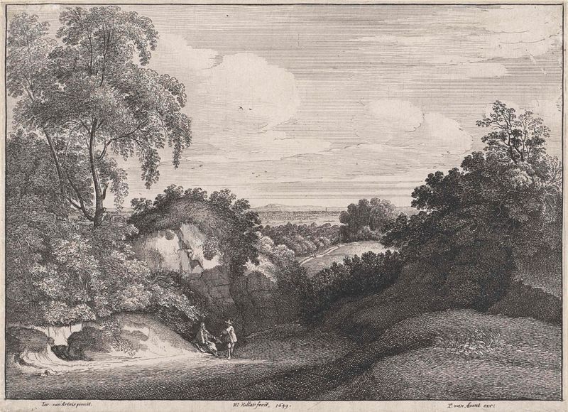 Heuvelachtig landschap met een bedelaar, gravura de Wenceslaus Hollar mostrando um mendigo em uma paisagem.
