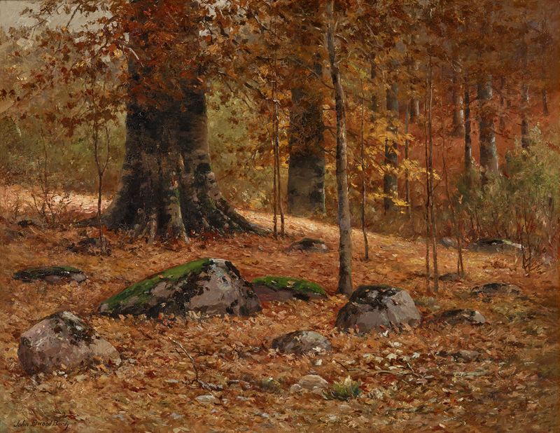 Oil on canvas by John Elwood Bundy depicting a beech tree in a tranquil forest