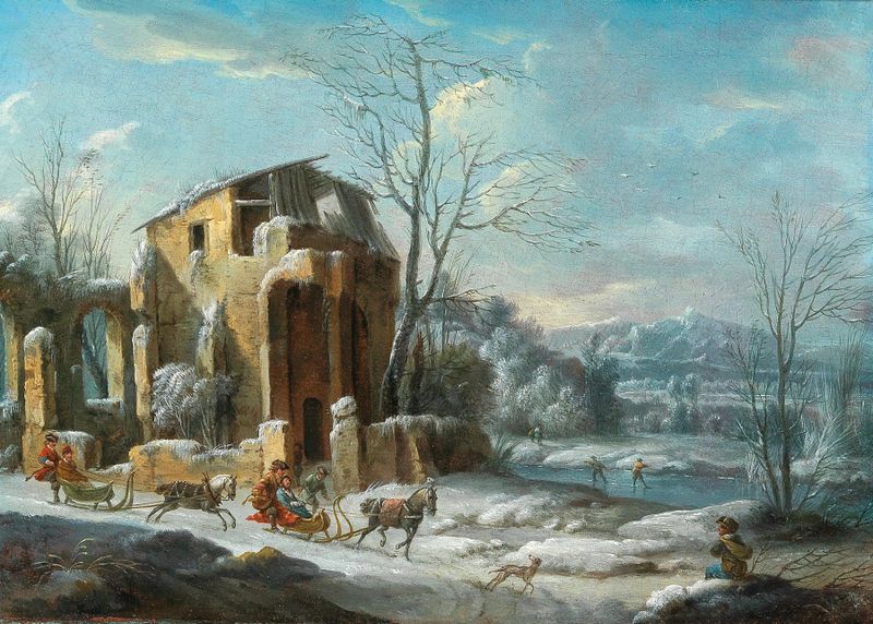 Un paisaje invernal con trineos y caballos, óleo sobre lienzo de Dirck Maas