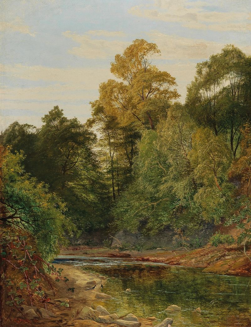 Paisagem de rio em pintura a óleo de Charles William Smith, com luz difusa e águas tranquilas.